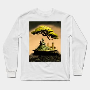 Contemplating the Complexities Under the Japanese Bonsai Tree No. 1 with background Long Sleeve T-Shirt